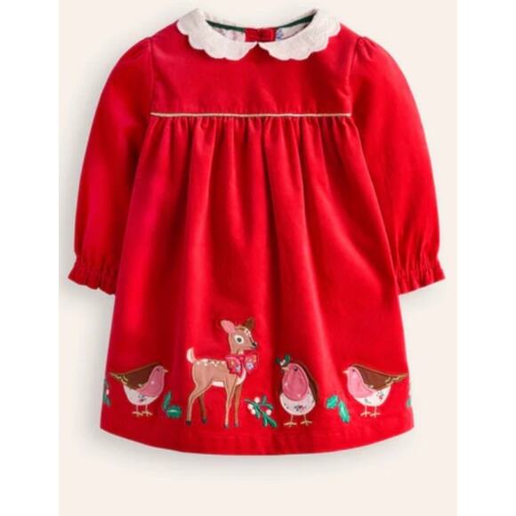 Mini Boden Appliqué Velvet Dress Poppy Red Size 0-3 Months Lined Lace Collar - Picture 1 of 11